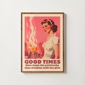 Impresión feminista retro, arte feminista, quemen el patriarcado, arte de pared rosa, póster vintage, impresión de poder femenino, empoderamiento femenino, regalos para ella