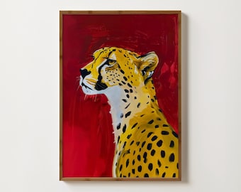 Red Cheetah Print Eclectic Cheetah Wall Art Preppy Leopard Poster Bohemian Animal Painting Quirky Dorm Decor Maximalist Big Cat Art Print