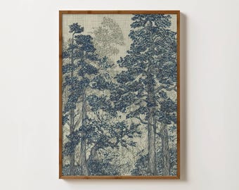Blue Tree Sketch Vintage Tree Print Moody Nature Prints Forest Illustration Woodland Wall Art Blue Landscape Art Dark Blue Living Room Print