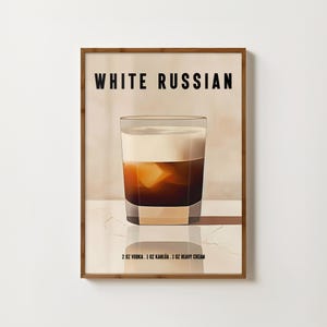Impresión de cóctel retro ruso blanco, arte de pared, póster ruso blanco, decoración de carrito de bar, impresión de receta de cóctel, galería de cocina, póster de alcohol