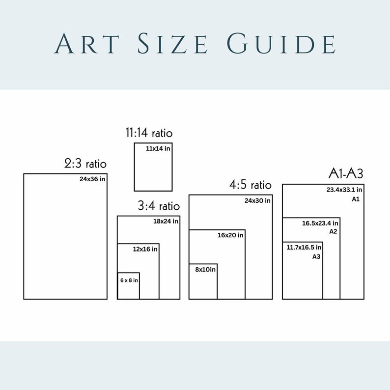 May include: An art size guide with various rectangular shapes illustrating different aspect ratios. The guide includes sizes such as 24x36 inches, 11x14 inches, 18x24 inches, 16x20 inches, and A1-A3 sizes, with the text "ART SIZE GUIDE" at the top.