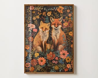 Floral Foxes Print Vintage Fox Wall Art Cottagecore Fox Art Woodland Fox Painting Botanical Fox Poster Wildflower Prints Forest Animals Art