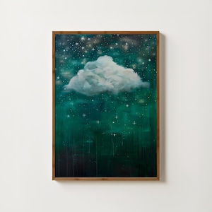 Impresión de nube estrellada, pintura de nubes vintage, arte de pared de cielo nocturno, póster de nubes de moda, arte académico oscuro, decoración gótica antigua, obra de arte verde y plateada