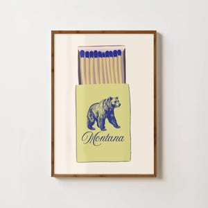 Impresión de caja de cerillas de Montana, póster de viaje de EE. UU., impresiones de Montana, impresiones de estados de EE. UU., arte de las Montañas Rocosas, regalos de Montana, impresiones de viajes estadounidenses, arte de Montana