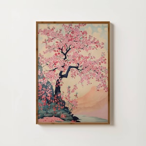 Impresión de árbol de cerezo, arte de árbol japonés, póster de árbol de Sakura, arte de pared de flor de cerezo, pintura de árbol vintage, arte botánico floral rosa