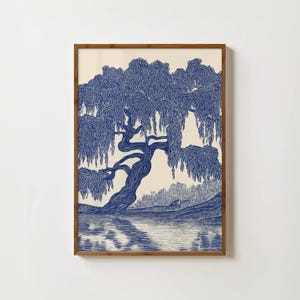 Impresión de sauce azul, arte de pared azul marino, impresión de linograbado de bosque, póster de árbol japonés, impresión botánica melancólica, arte de pared extragrande, decoración elegante
