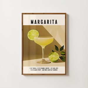 Póster retro de cóctel con estampado de margaritas, arte de pared con cócteles de margaritas, decoración para carrito de bar, impresiones de cocina, póster de alcohol, impresión de receta de cóctel de moda