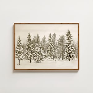 Vintage Pine Tree Print Winter Forest Sketch Neutral Christmas Decor Snowy Landscape Painting Xmas Tree Illustration Festive Wall Hanging