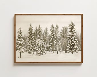 Vintage Pine Tree Print Winter Forest Sketch Neutral Christmas Decor Snowy Landscape Painting Xmas Tree Illustration Festive Wall Hanging