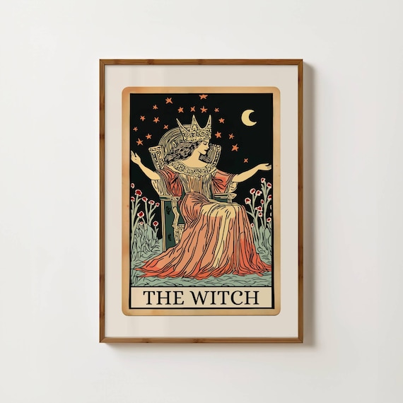Witch Tarot Card Print Vintage Witchy Print Dark Academia Cottagecore Art Sun Moon Tarot Art Halloween Witch Painting Gothic Mystical Prints