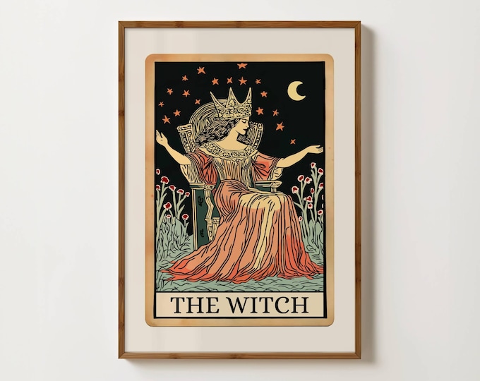 Witch Tarot Card Print Vintage Witchy Print Dark Academia Cottagecore Art Sun Moon Tarot Art Halloween Witch Painting Gothic Mystical Prints