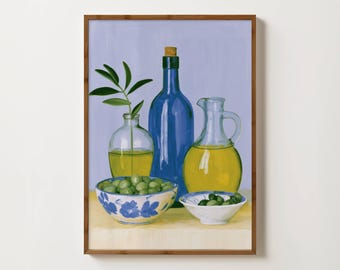 Olive Oil Mediterranean Print, Rustic Kitchen Art, Olive Branch Art, Culinary Wall Art, Colorful Kitchen Prints, Light Blue Wall Art