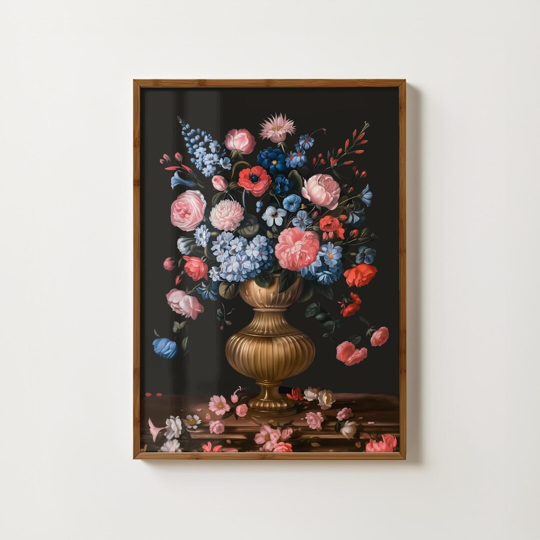 Moody Flowers Painting Vase of Flowers Print Pink Blue Floral Decor ...