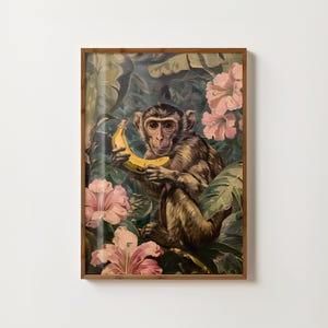 Impresión de mono con plátano, arte de pared de mono, decoración de jungla, póster de mono tropical, pintura de mono vintage, arte botánico de mono, animales de la selva tropical