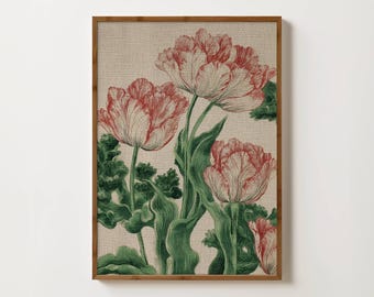 Tulip Print Maximalist Flower Poster Pink Textile Art Pink and Green Wall Art Colourful Floral Poster Living Room Art Modern Floral Decor