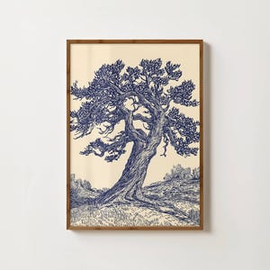 Vintage Eiche Kunstdruck Linolschnitt Baum Druck Stimmungsvoller Baum Poster Verzauberten Wald Dekor Eiche Wand Kunst Wald Malerei Blauer Baum Druck