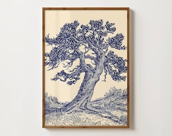Vintage Oak Tree Art Print Linocut Tree Print Moody Tree Poster Enchanted Forest Decor Oak Tree Wall Art Woodland Painting Blue Tree Print