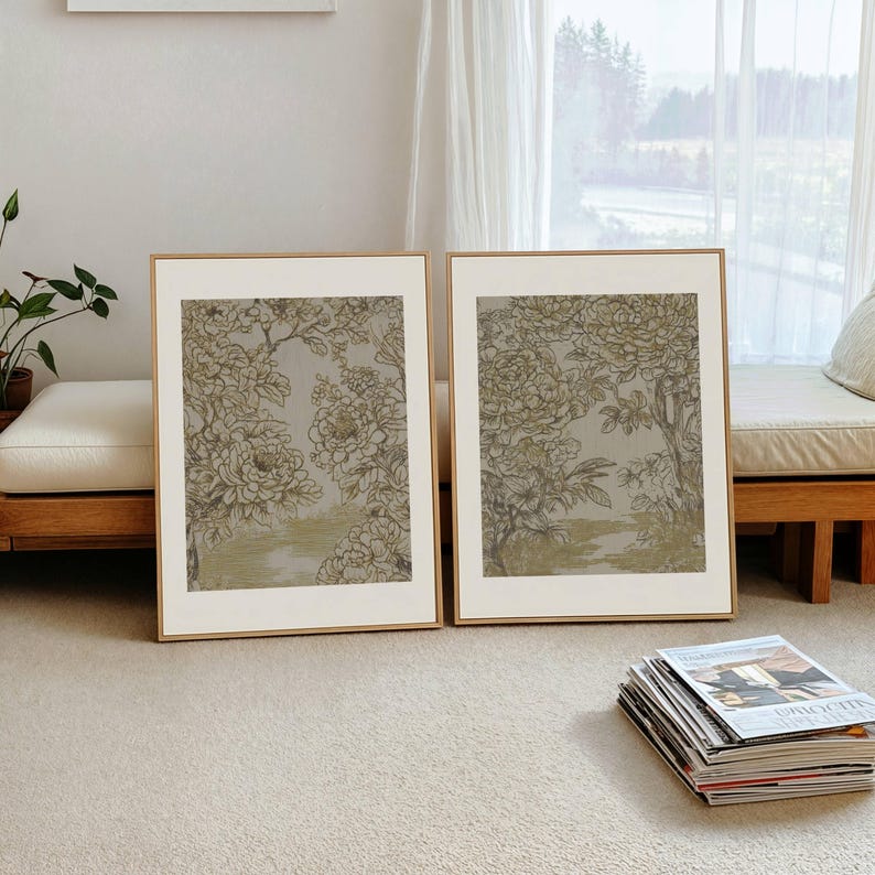 Neutral Textile Print Antique Gold Flower Sketch Moody Floral Wall Art ...
