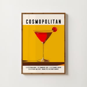 Impresión de cóctel cosmopolita, póster retro de cóctel, arte de pared para cocina, decoración de carrito de bar, impresiones de comedor, impresiones de bebidas alcohólicas, impresiones para sala de estar