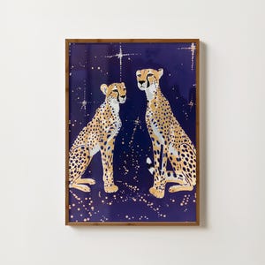 Sternenklare Nacht Gepard Druck Eklektische Gepard Leopard Wandkunst Leopard Poster Boho Tier Gemälde Schräge Wohnheim Dekor Maximalist Big Cat Kunst