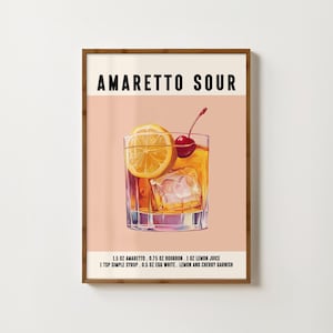 Impresión de cóctel amaretto sour, carrito de bar, arte de pared, póster de cóctel amaretto, decoración de bar retro, impresiones de cocina de moda, impresiones vintage de alcohol, arte de bar