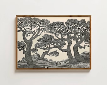Black and White Oak Tree Print Moody Botanical Art Dark Forest Print Linocut Trees Print Vintage Woodland Painting Large Living Room Art