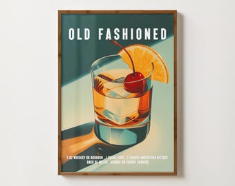 May include: A framed print featuring an "Old Fashioned" cocktail illustration. The drink is in a glass with ice, garnished with an orange slice and a cherry. The text includes the ingredients: whiskey, sugar, bitters, and water.
