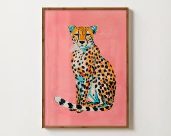 Pink Cheetah Print Eclectic Cheetah Wall Art Preppy Leopard Poster Bohemian Animal Painting Quirky Dorm Decor Maximalist Big Cat Art Prints