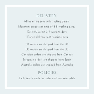 May include: A light blue graphic with the words "DELIVERY" and "POLICIES". Text details include shipping information, processing times, and order details for various regions, including the US, UK, and Australia. The text also states that each item is made to order and non-returnable.