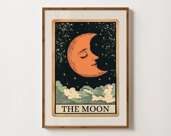 Moon Tarot Card Print Sun Moon Star Tarot Posters Spiritual Wall Art Crescent Moon Illustration Boho Bedroom Art Mystical Prints Tarot Gifts