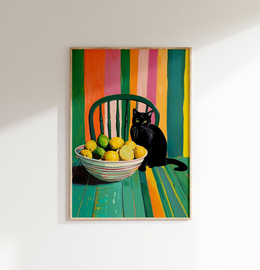 Black Cat Kitchen Print Lemons Painting Kitchen Wall Art Black Cat