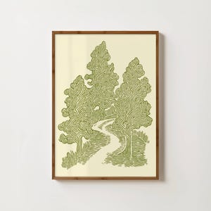 K&ouml;nnte beinhalten: Gerahmter Kunstdruck mit einer stilisierten Landschaft mit drei B&auml;umen und einem gewundenen Pfad. Das Kunstwerk ist in Gr&uuml;nt&ouml;nen auf cremefarbenem Hintergrund gehalten, mit einem Naturholzrahmen. Der Illustrationsstil wirkt vintage.