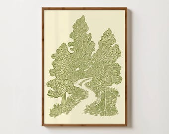 Forest Print Linocut Tree Print Green Woodland Wall Art Green Tree Illustration Forest Nursery Decor Green Botanical Art Modern Tree Poster