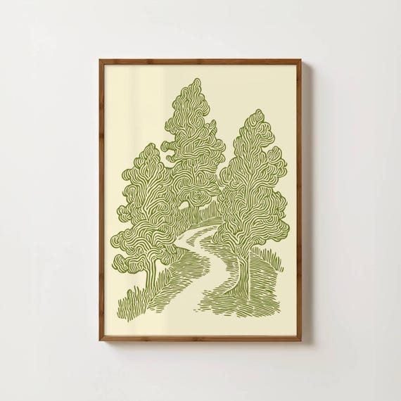 Forest Print Linocut Tree Print Green Woodland Wall Art Green Tree Illustration Forest Nursery Decor Green Botanical Art Modern Tree Poster
