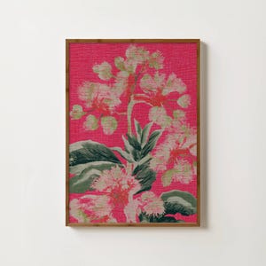 Estampado floral botánico rosa Arte textil floral rosa Póster de flores tropicales Arte maximalista Estampado de naturaleza colorida Arte de pared rosa y verde
