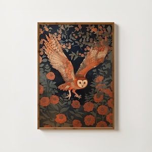Impresión de búho, pintura de búho vintage, arte de pared de pájaro antiguo, ilustración de búho, decoración gótica de la academia oscura, impresiones de animales del bosque, impresión de granja