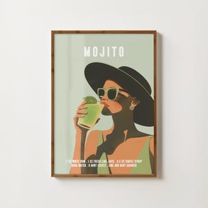 Impresión de mojito Impresión de cóctel retro Póster de mojito Decoración de carrito de bar Arte de pared de cocina Impresión de receta de cóctel mojito Póster de alcohol Impresión de happy hour