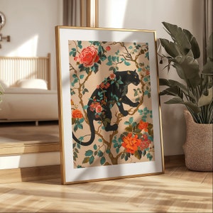 Panther Art Print Black Panther Wall Art Vintage Jungle Print Floral ...