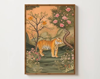 Indian Tiger Print Vintage Tiger Painting Indian Folk Art Antique Tiger Poster Jungle Wall Art Tiger Illustration Vintage Animal Prints