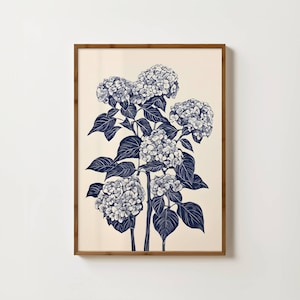 Impression vintage d'hortensias bleus, impression bleue, art mural floral antique, affiche d'hortensias, impressions de fleurs bleues, art botanique, impressions florales sur linogravure