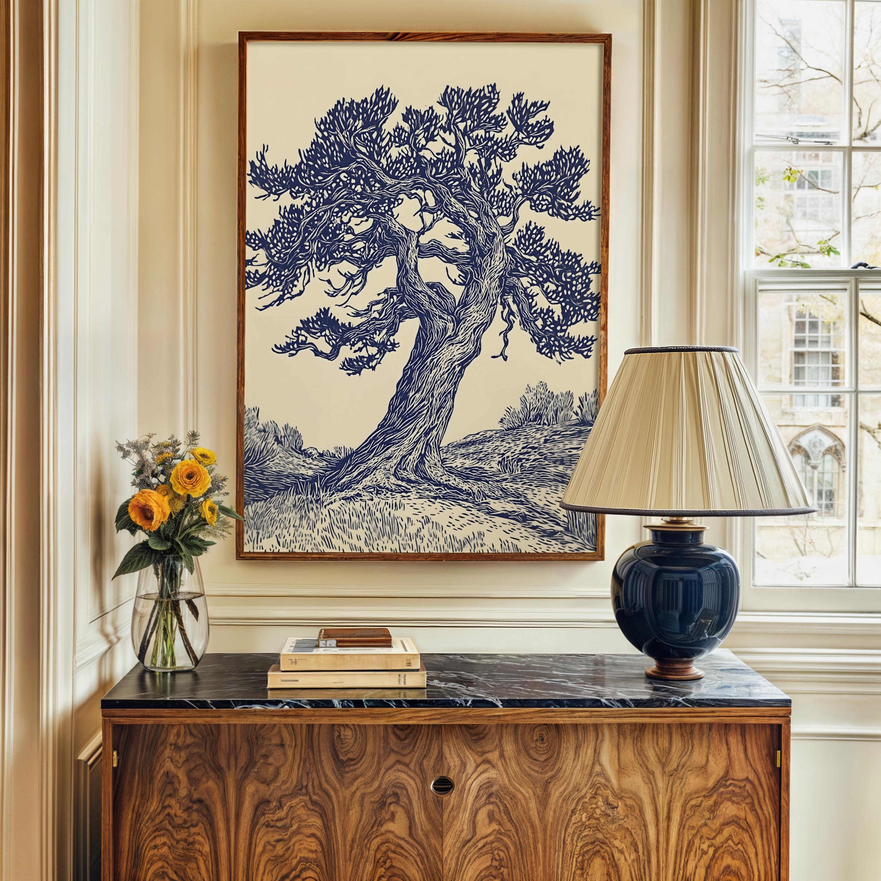 Vintage Oak Tree Art Print Linocut Tree Print Moody Tree Poster