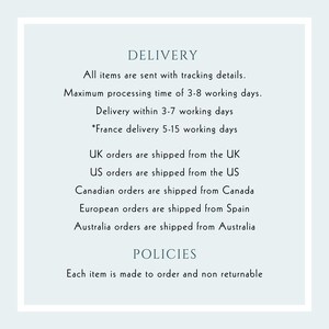 May include: A light blue graphic with the words "DELIVERY" and "POLICIES". Text details include shipping information, processing times, and order details for various regions, including the UK, US, and Australia.