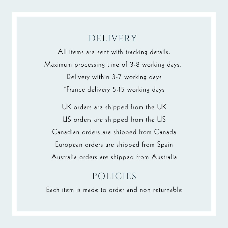 May include: A light blue graphic with the words "DELIVERY" and "POLICIES". Text details include shipping information, processing times, and order details for various regions, including the UK, US, and Australia.