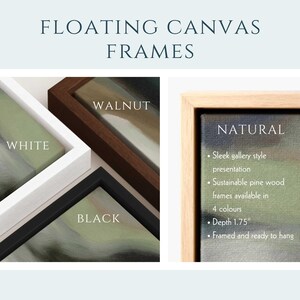 Pu&ograve; includere: Cornici flottanti per tela in finiture bianco, noce, nero e legno naturale. Le cornici hanno una profondit&agrave; di 4,45 cm e sono progettate per una presentazione in stile galleria. Ogni cornice contiene una tela con un design astratto verde e grigio.