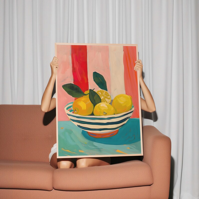 May include: A painting of a bowl of lemons on a blue background. The bowl is white with blue stripes and the lemons are yellow. The background is a pink and red striped pattern.