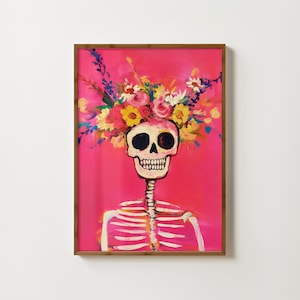 Rosa Skelett-Druck Blumenskelett Gemälde Schädel Wandkunst Stimmungsvolle Kunst Gothic Dekor Dunkel Academia Druck Trendiger Halloween-Druck Maximalistische Kunst