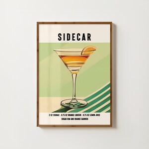 Impresión de cóctel Sidecar Póster retro de cóctel Sidecar Decoración de carrito de bar Galería de pared de cocina Impresión de receta de cóctel Sidecar Arte de pared para la hora feliz