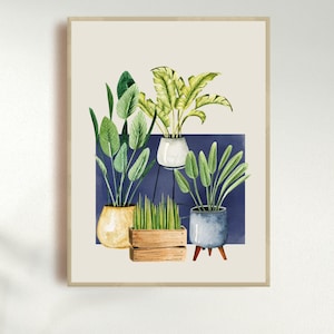 Botanical Print, Potted Plants, Houseplant Painting, Plant Poster, Potted House Plant, Watercolor, Wall Decor, Vertical Greenery