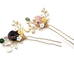 Hanbok Dress up style Hairpin bun Accessory - natural gem stone Ornament -  Wedding Ceremony - 한복 뒤꽂이 비녀