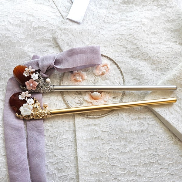 Épingle à cheveux traditionnelle coréenne, pierre gemme naturelle, bâton Binyeo, accessoire hanbok - ornement des cheveux de la reine